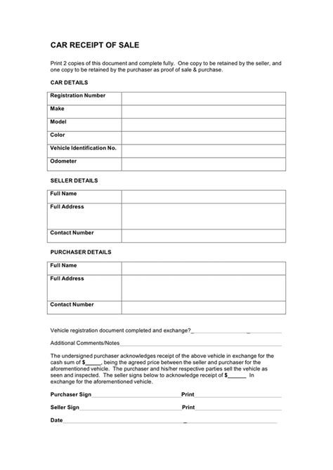 Car Receipt Of Sale In Word And Pdf Formats