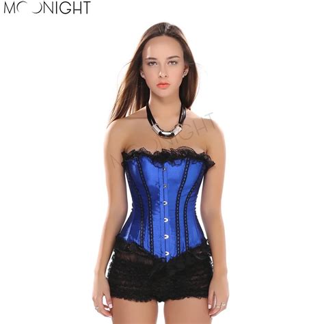 Moonight Blue Satin Sexy Corset Top Waist Corsets And Bustiers Lace Up Boned Costume In Bustiers