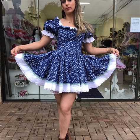 Vestido Junino Caipira Azul Florzinha Renda Lesie Curto Luxo Roupa