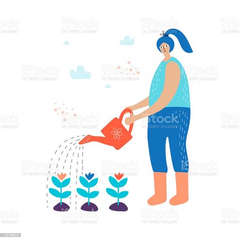 Girl Watering Plants From A Watering Can With A Flat Hand Drawn Drawing