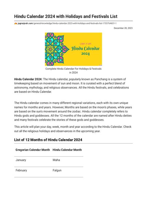 Hindu Calendar 2024 With Holidays and Festivals List | PDF | Calendar