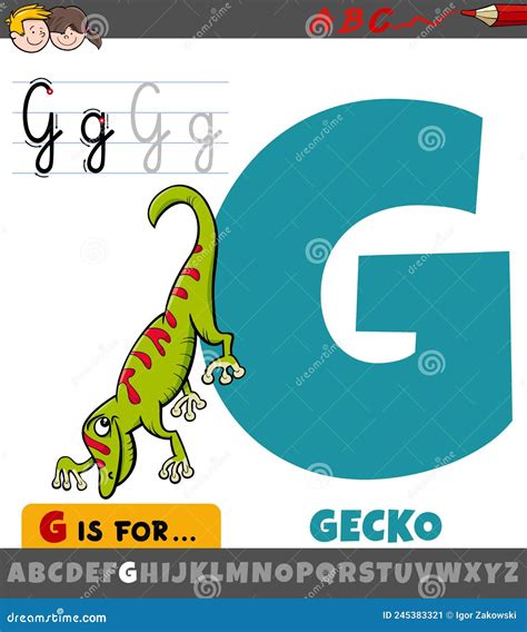 Letra G Del Alfabeto Con Caricatura Gecko Carácter Animal Ilustración