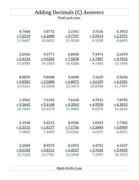 Adding Decimal Ten Thousandths With 1 Digit Before The Decimal Range 1 0001 To 9 9999 C