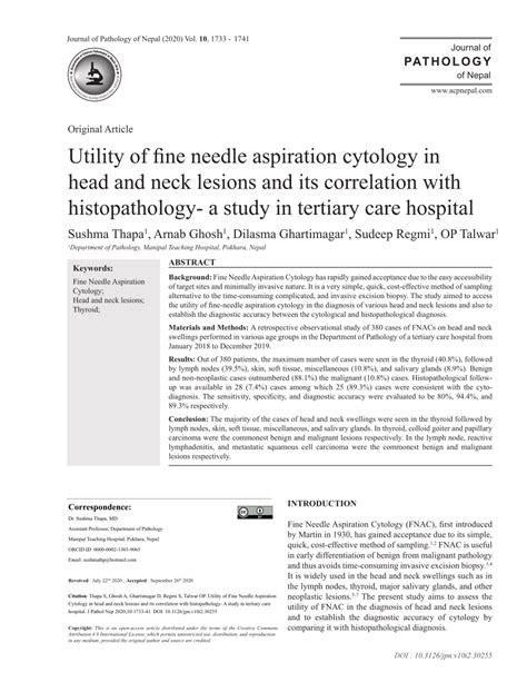 Pdf Utility Of Fine Needle Aspiration Cytology In Head And Neck