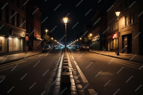 Premium AI Image | City road intersection dim street lights street view ... 