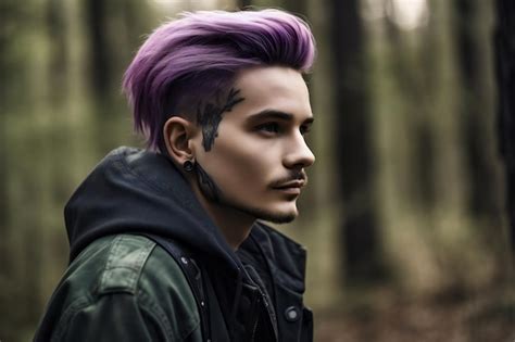 Premium Photo | Portrait of a young man with purple hair in the forest