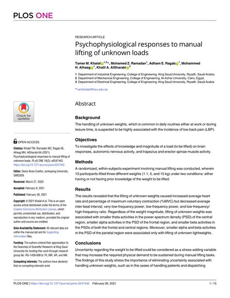 PDF Psychophysiological Responses To Manual Lifting Of Unknown Loads