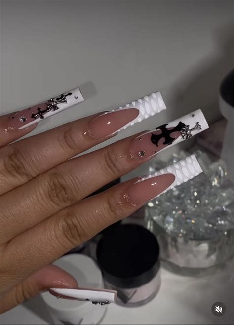 White Frenchies W Black Cross Pink Acrylic Nails Girly Acrylic