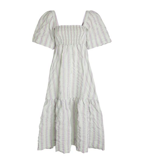 Womens GANNI White Striped Puff Sleeve Midi Dress Harrods UK