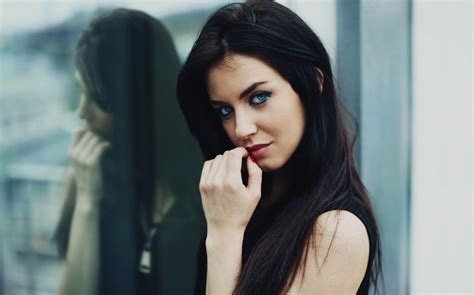 Reflection Looking At Viewer Long Hair Face Blue Eyes Brunette