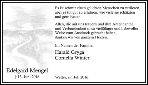 Traueranzeigen Von Edelgard Mengel Trauer In Nrw De