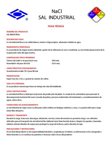 Ficha Tecnica Sal Fina Clorotec Pdf Sal Compuestos Químicos