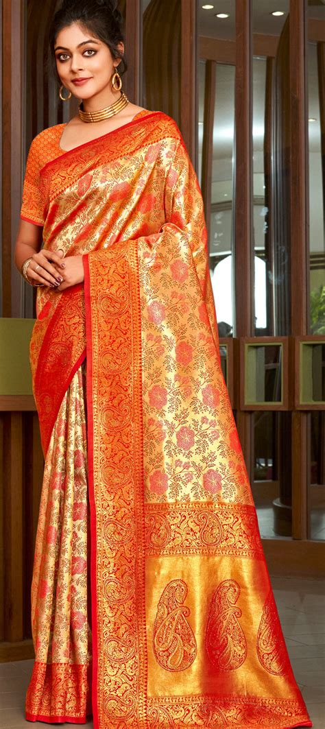 Festive Reception Traditional Gold Red And Maroon Color Silk Fabric