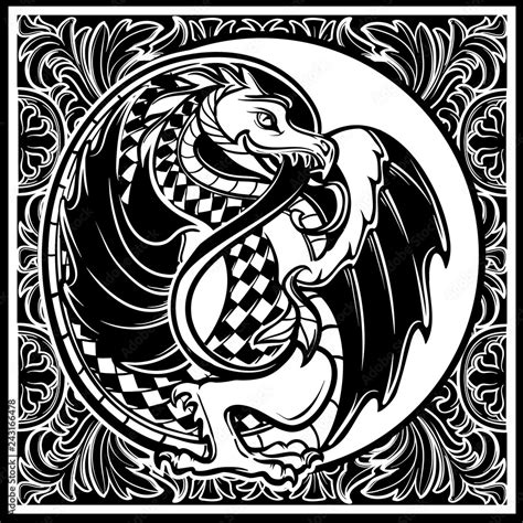 Decorative dragon. Medieval gothic style concept art. Design element. Black a nd white drawing ...