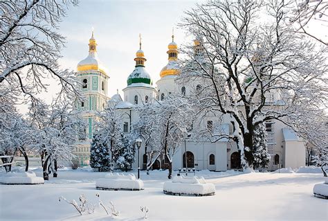 HD wallpaper: white cathedral, winter, snow, trees, Ukraine, Kiev ...