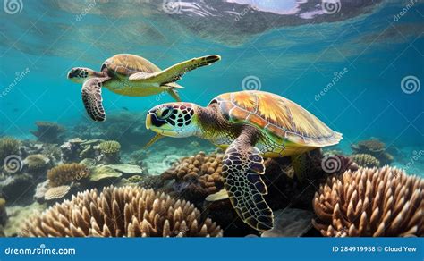 Two Green Sea Turtles Swimming Over A Coral Reef Stock Illustration