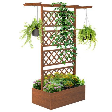 Outsunny Wood Planter With Trellis Raised Garden Bed Privacy Screen