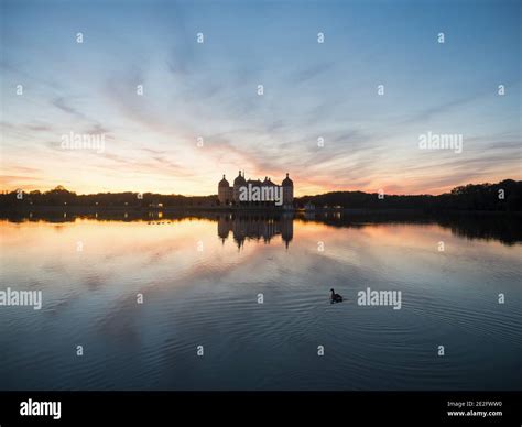 Panorama Sunset Reflection Of Schloss Moritzburg Baroque Castle On