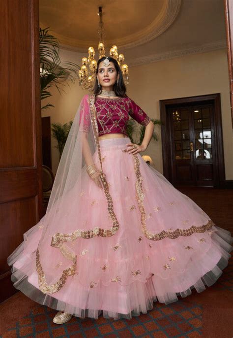 Buy Embroidered Net Lehenga In Baby Pink Online Lsw Utsav Fashion