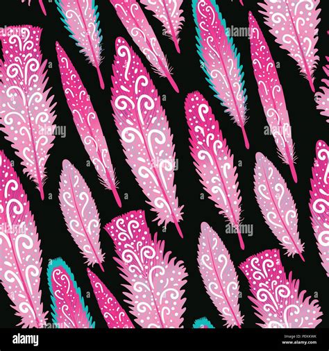 Flamingo Feather Brigth Colorful Hand Drawn Swirls Seamless Pattern