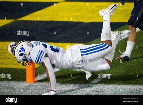 Byu Running Back Tyler Allgeier Dives For A Touchdown During The Second