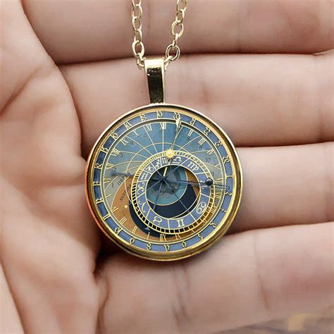 Prague Astronomical Clock Necklace Gold Plated Round Pendant Clock