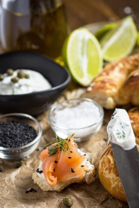 Smoked Salmon Canape With Cream Cheese Fresh Dill And Black Sesame