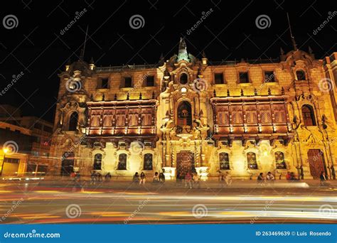 The Archbishop Palace Of Lima At Night Located On The Plaza Mayor Of