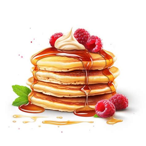 Hyper Realistic Pancakes With Syrup And Raspberries On White Background