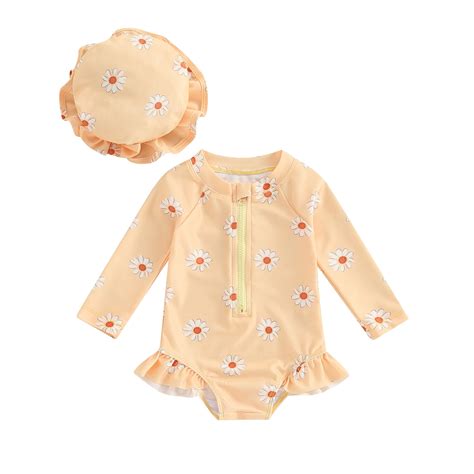 Esassaly Baby Girls Swimsuit Long Sleeve Flower Print Zipped Bikini