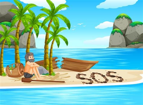 Premium Vector A Man On Deserted Island Isolated