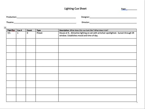 Lighting Cue Sheet Template