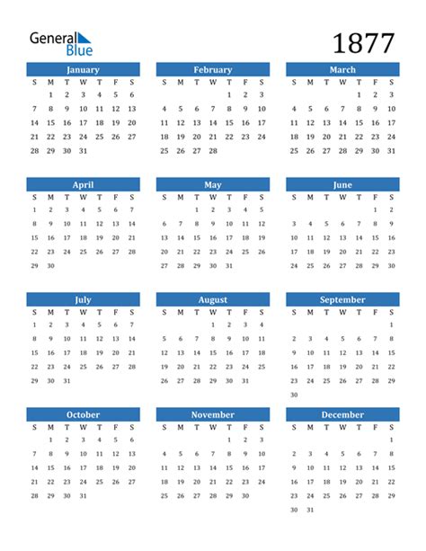 1877 Calendar (PDF, Word, Excel)