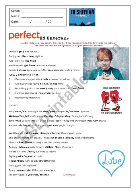 Ed Sheeran Perfect Song English Esl Worksheets For Distance Learning ...