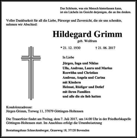 Traueranzeigen Von Hildegard Grimm Trauer Anzeigen De