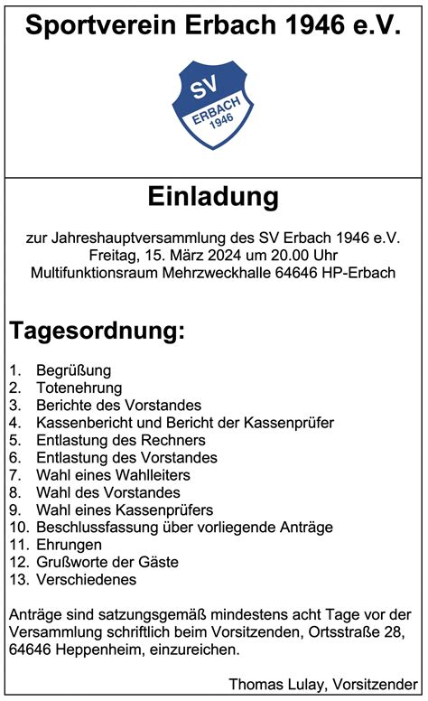 Einladung Jahreshauptversammlung Sportverein Erbach E V