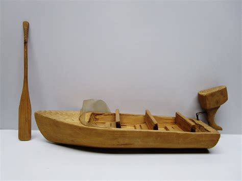 Vintage Quebec Folk Art Hand Carved Wooden Boat With Motor And