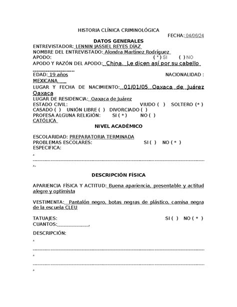 Historial Clinico Criminologico Historia Cl Nica Criminol Gica Fecha