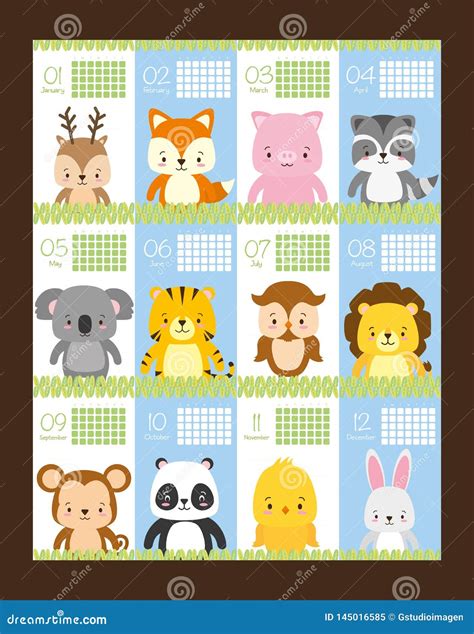 Cute animals calendar stock vector. Illustration of monthly - 145016585