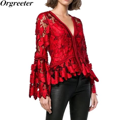 New Self Portrait Women Blouses Sexy See Through Red Lace Tops 2019