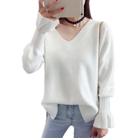 Sexy V Neck White Sweaters Women 2018 Autumn Flare Sleeve Sexy Loose Tops Solid Long Sleeve