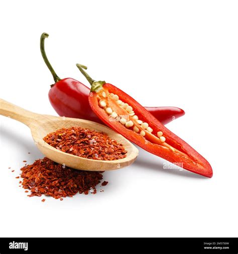 Spoon Of Chipotle Chili Flakes On White Background Stock Photo Alamy