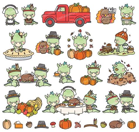 Premium Vector Clipart Kawaii Thankgiving Dragons Cute Thangiving