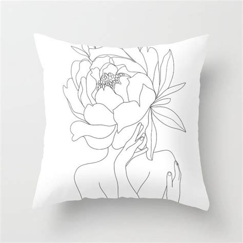 Minimal Line Art Woman Flower Head Throw Pillow By Nadja Cushion