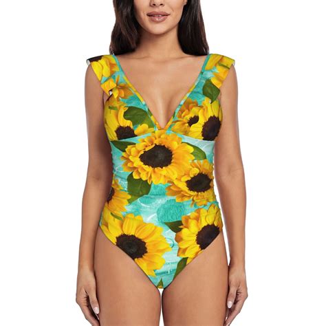 Easygdp Sunflowers With Green Leaves Ruffle V Neck One Piece Swimsuit