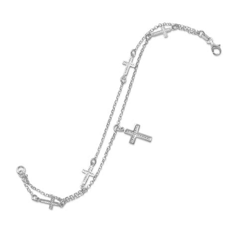 BRACELET Rhodium Plated Sterling Silver Double Strand Religious Cross ...