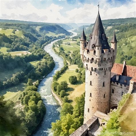 Watercolor Castle Tower River Valley View Stable Diffusion Online