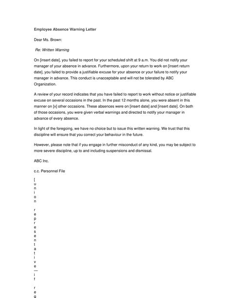 Free Printable Professional Warning Letter Sample [pdf] Employee