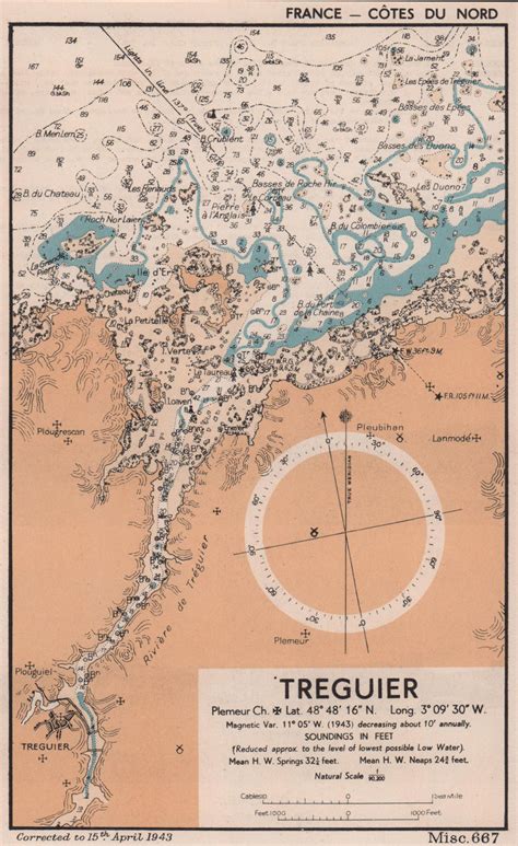 Treguier sea coast chart D Day planning map Côtes d Armor ADMIRALTY 1943