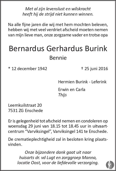 Bernardus Gerhardus Bennie Burink 25 06 2016 Overlijdensbericht En